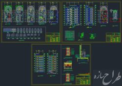 نقشه معماری ساختمان 8 طبقه سه خوابه با بر 10 متر